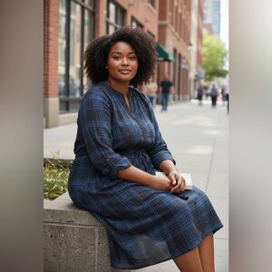 Lane Bryant Blue and Black Plaid Long Sleeve Drawstring Shirt Dress